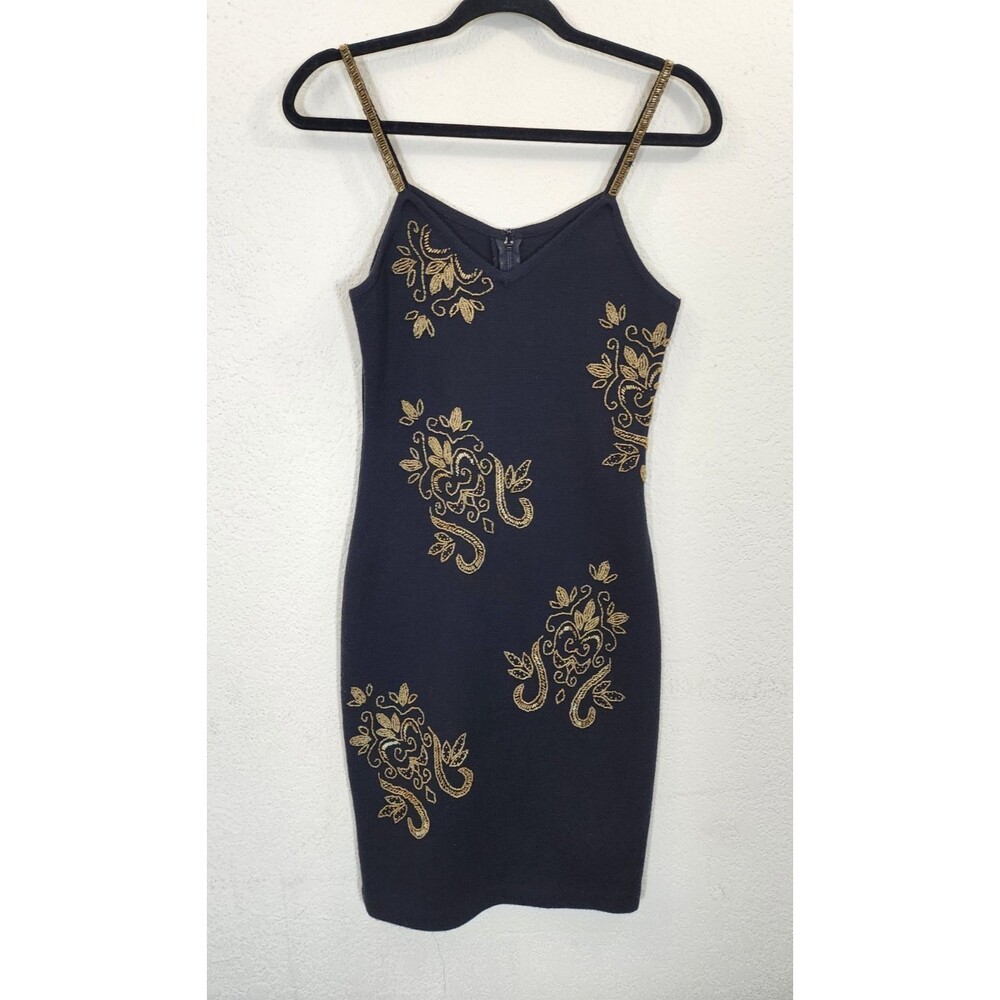 Vintage The Limited Dress XS Black Wool Blend Beaded Gold Embroidery 90s Bodycon